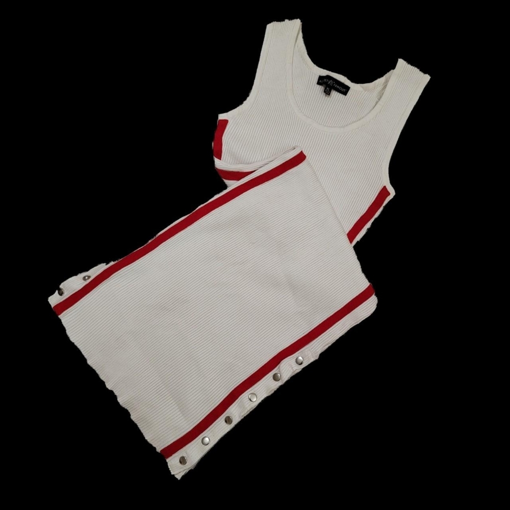 Off White Ribbed Bodycon Knit Dress w/ Red Stripe